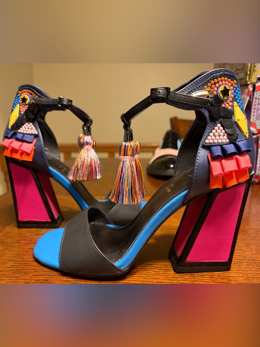 Exe size 39 Black Multi Tassel Block Heel.